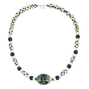 Bold Tribal Artisan Necklace Krobo Beads Lapis Jade Porcelain Sterling Silver